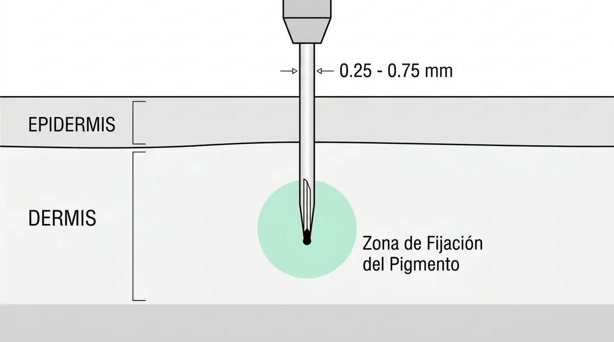 Diagrama técnico transversal de las capas de la piel que muestra la profundidad de la aguja para la micropigmentación capilar.