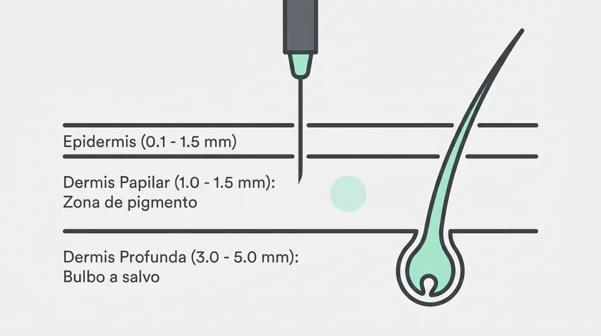 Esquema de las capas de la piel y profundidades de la micropigmentación capilar respecto al folículo piloso.