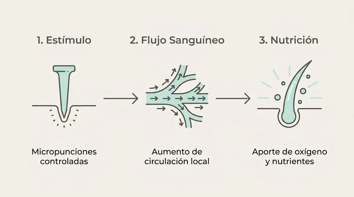 Diagrama de flujo de los 3 pasos de la hiperemia reactivadora estimulando el folículo capilar.