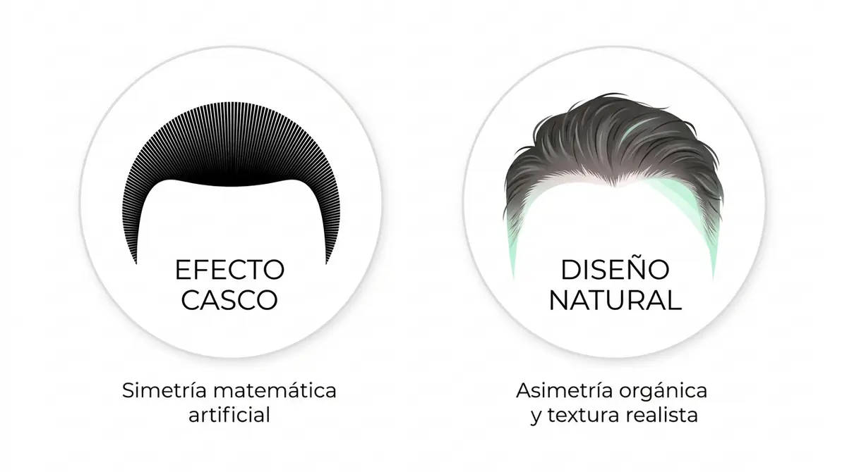 Infografía comparativa que muestra el artificial efecto casco frente al diseño de línea frontal natural.