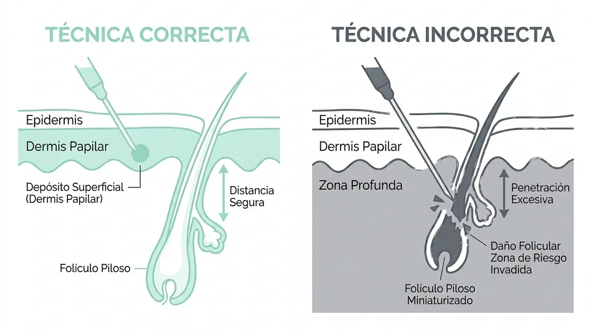 Diagrama de comparación entre la profundidad correcta de la micropigmentación capilar y la profundidad excesiva incorrecta.