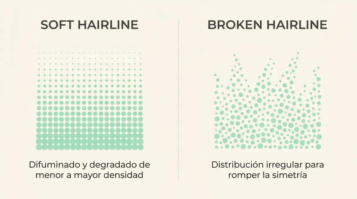 Comparativa técnica de las metodologías de degradado soft hairline y distribución broken hairline.