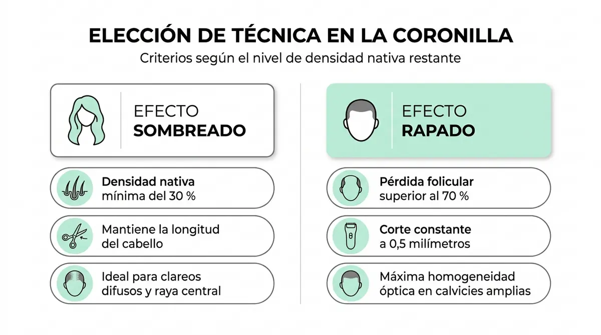 Comparativa visual entre efecto sombreado y efecto rapado en la micropigmentación capilar de coronilla