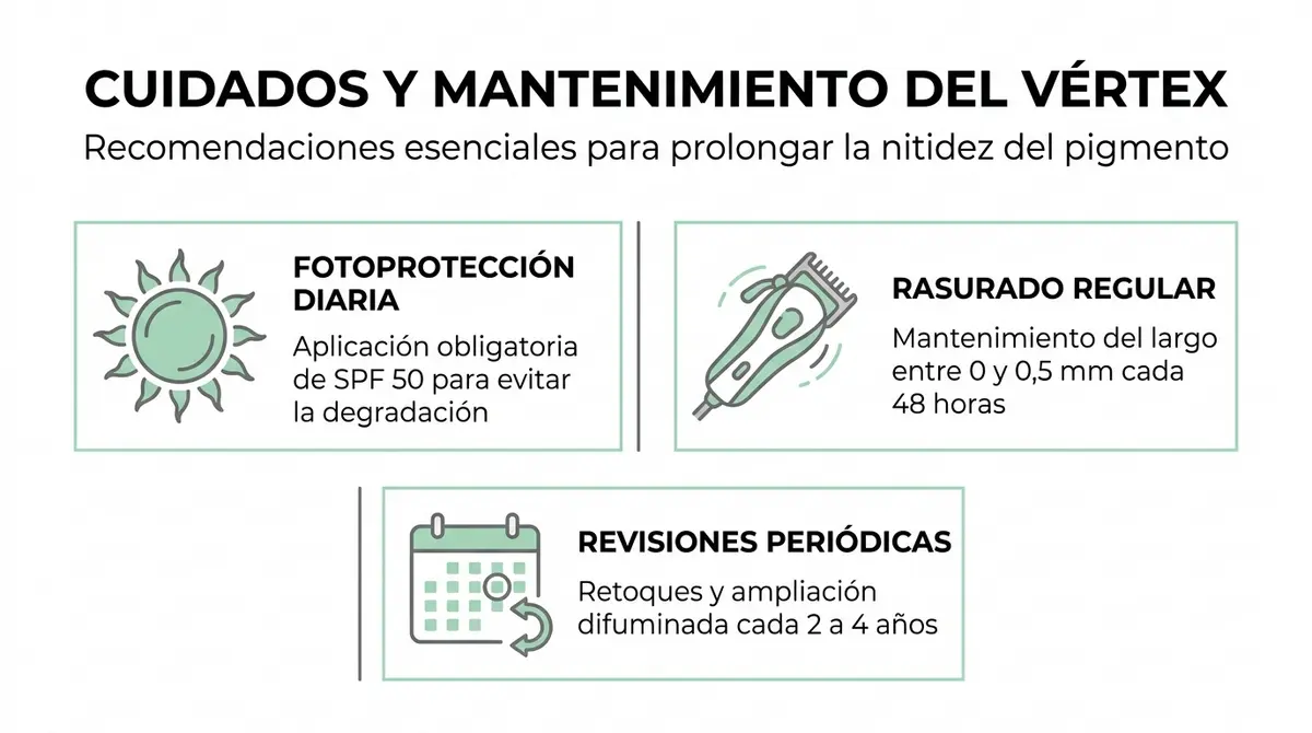 Guía visual con recomendaciones de protección solar y mantenimiento tras la micropigmentación capilar en la coronilla