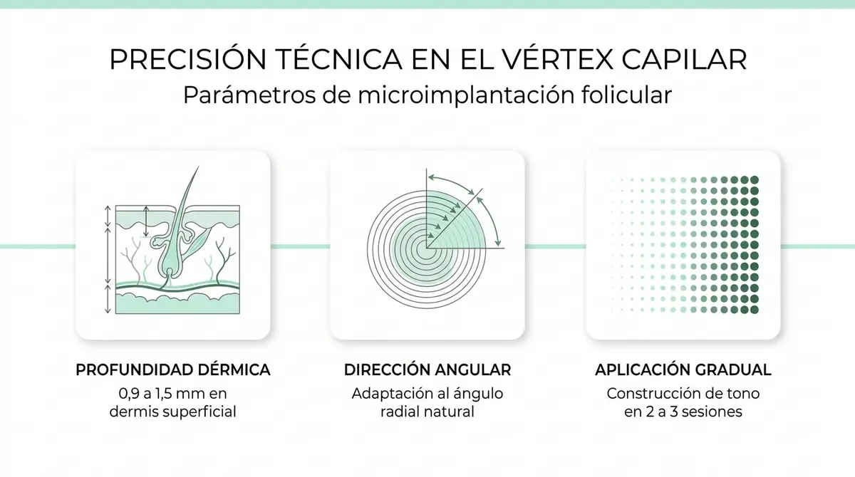 Diagrama técnico sobre profundidad de inserción y dirección radial en la micropigmentación del vértex capilar