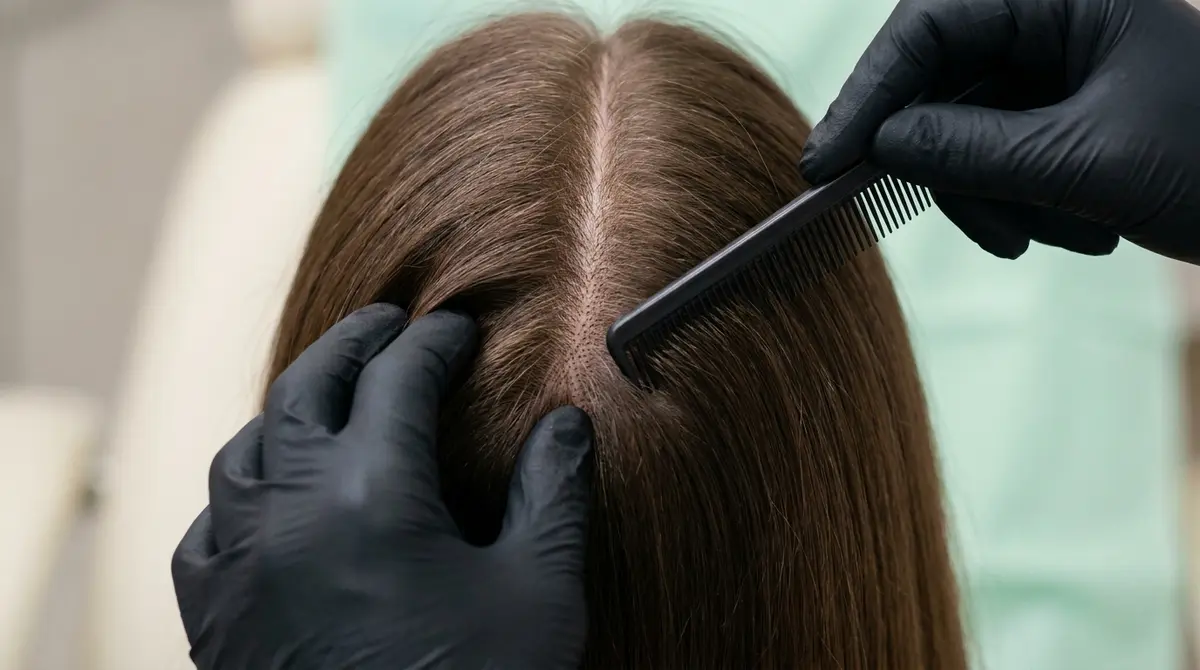 Detalle técnico de micropigmentación capilar para aumento de densidad en cabello largo femenino